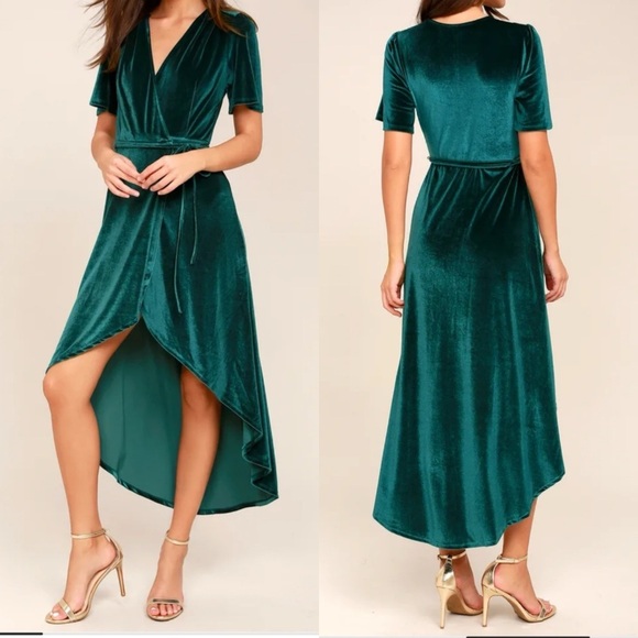 Lulu's Amour Teal Green Velvet High-Low Wrap Dress Size Large - Picture 1 of 11